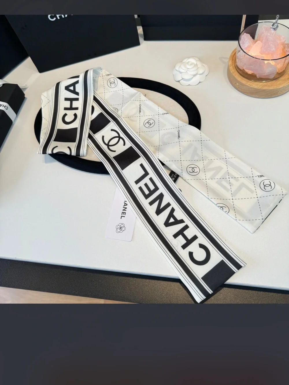 🖤 Double C Designer Black White Letter Logo Spell Out Silk Scarf